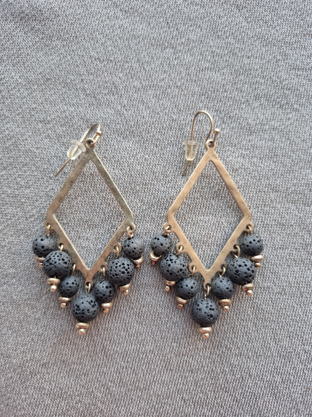 Handmade Black Lava Bead Dangle Earrings with Gold Tone Frame